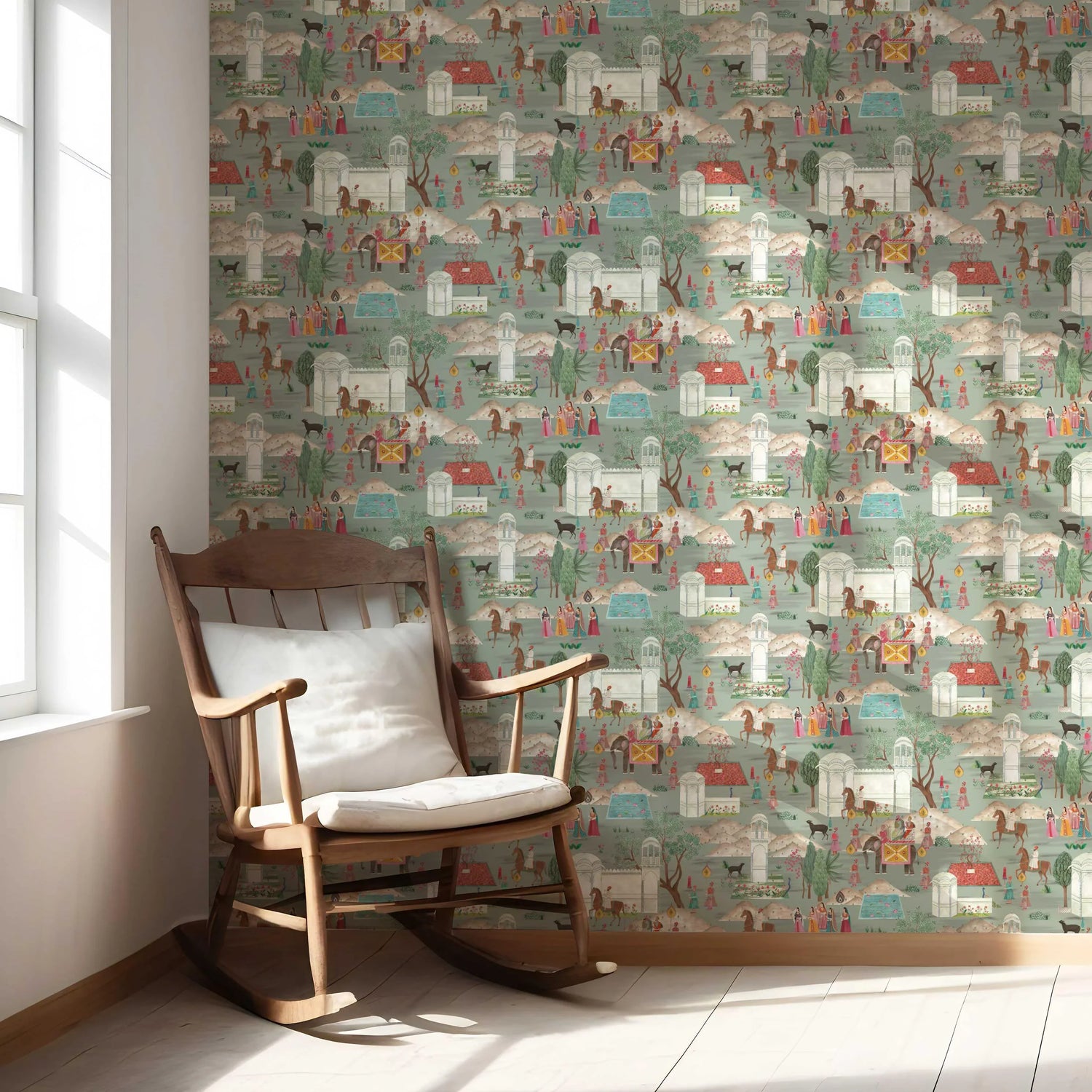 Ethnic/ Heritage/ Horses & Castles Print Nursery Wallpaper (Green/ Blue/ Red/ Pink/ Yellow)