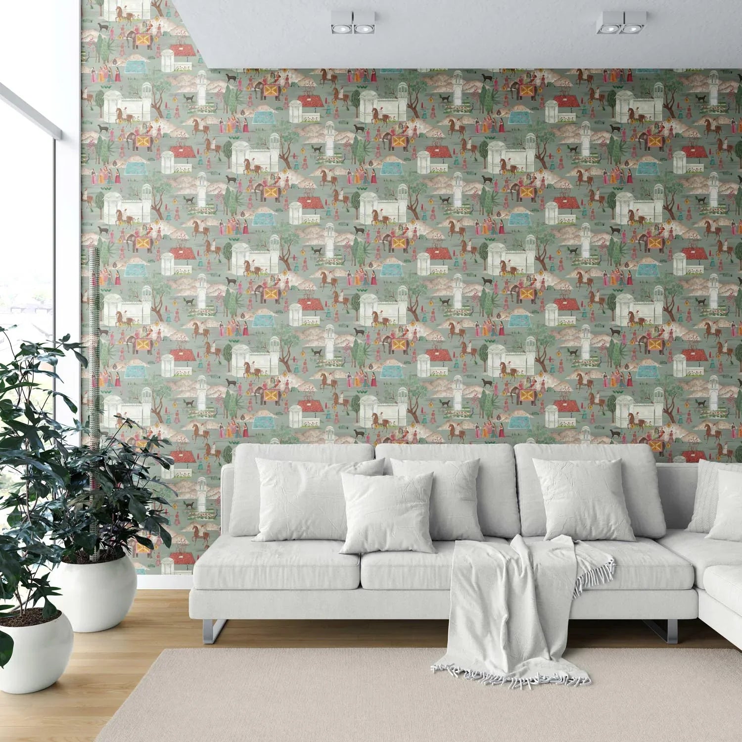Ethnic/ Heritage/ Horses & Castles Print Shower Toilet Wallpaper (Green/ Blue/ Red/ Pink/ Yellow)