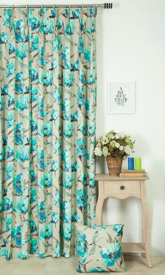 Floral Cotton Home Décor Fabric By the Metre (Blue/ Beige)