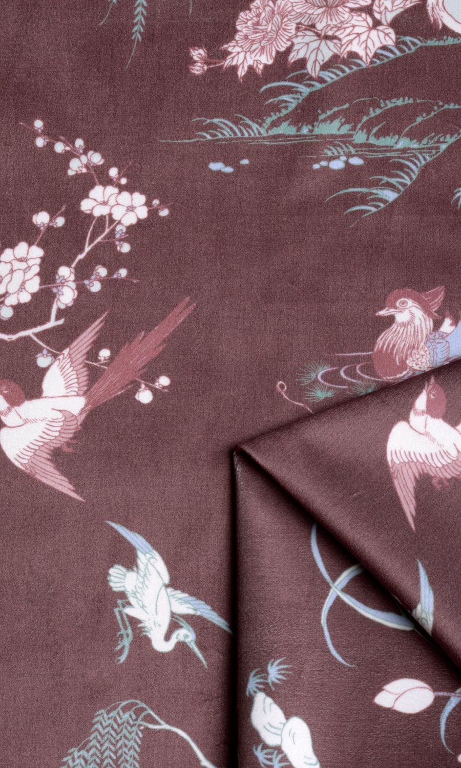 Chinoiserie Toile Velvet Fabric Material By the Metre (Burgundy Red)