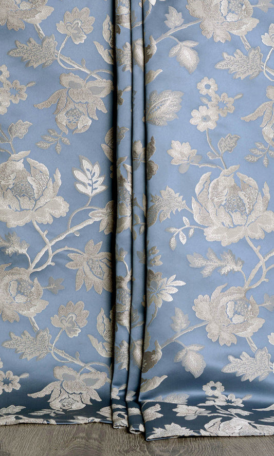 Floral Faux Silk Home Décor Fabric By the Metre (Indigo Blue/ Greige)