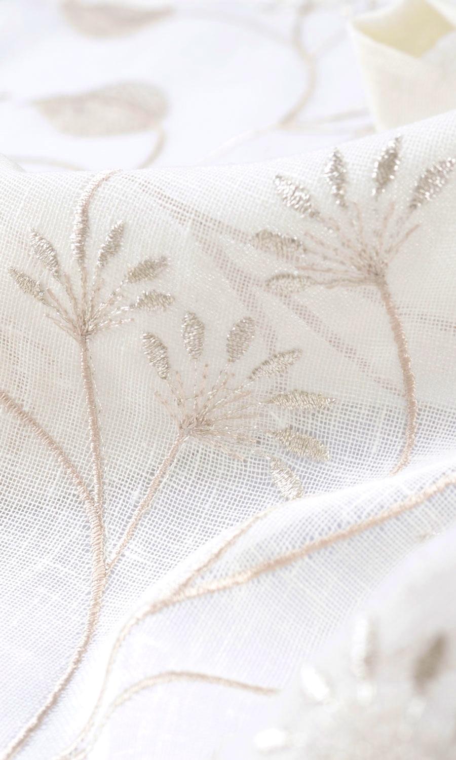Sheer Floral Embroidered Fabric By the Metre for Roman Blinds & Shades (White/ Beige)