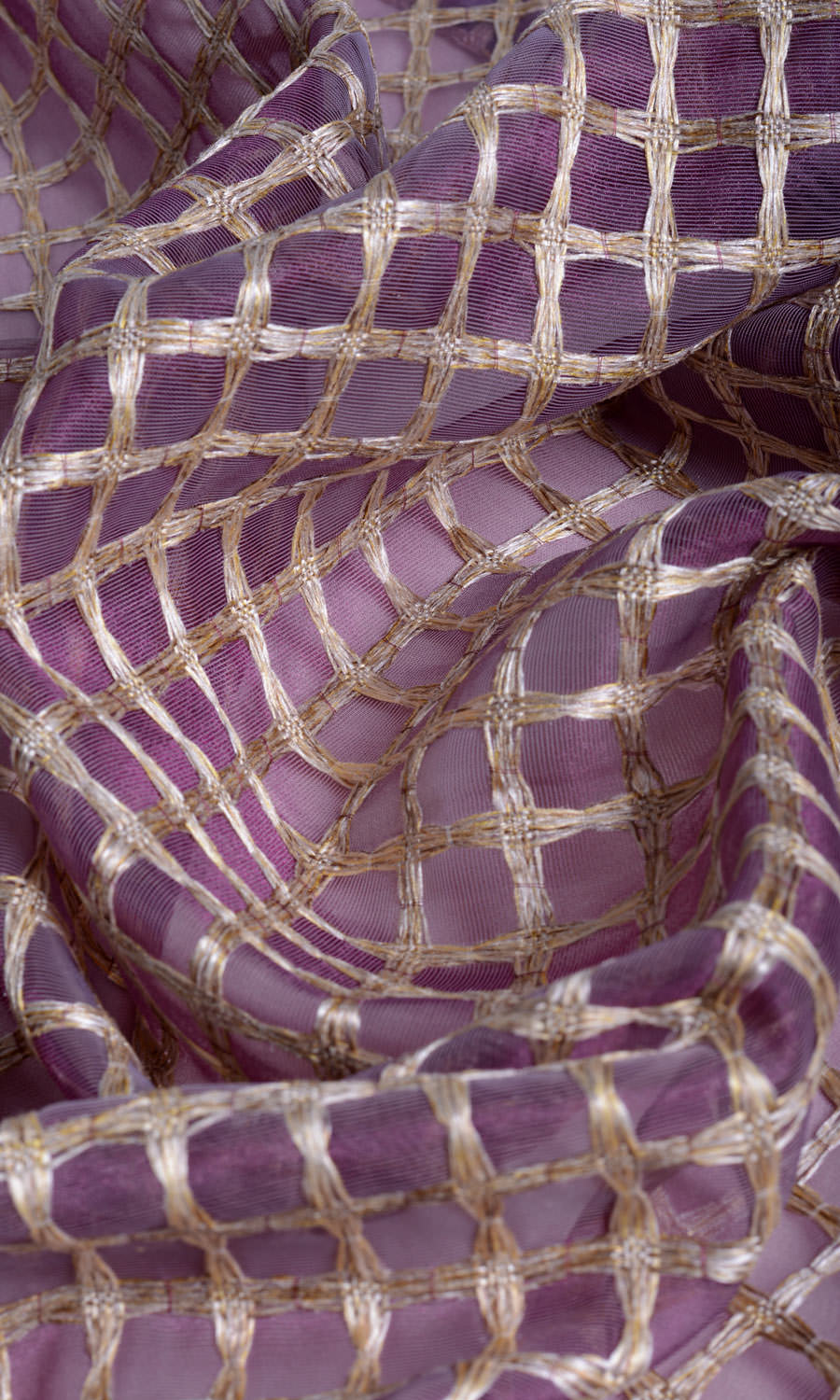 Embroidered Check Sheer Window Treatments Fabric By the Metre (Purple and Gold)