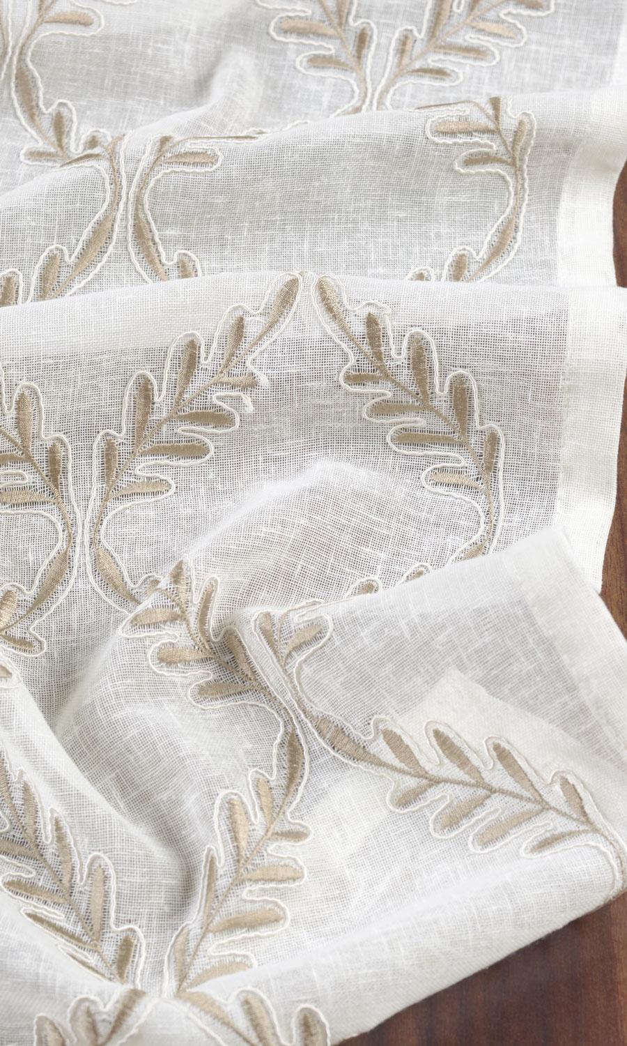 Sheer Floral Embroidered Fabric By the Metre for Roman Blinds & Shades (White/ Brown)