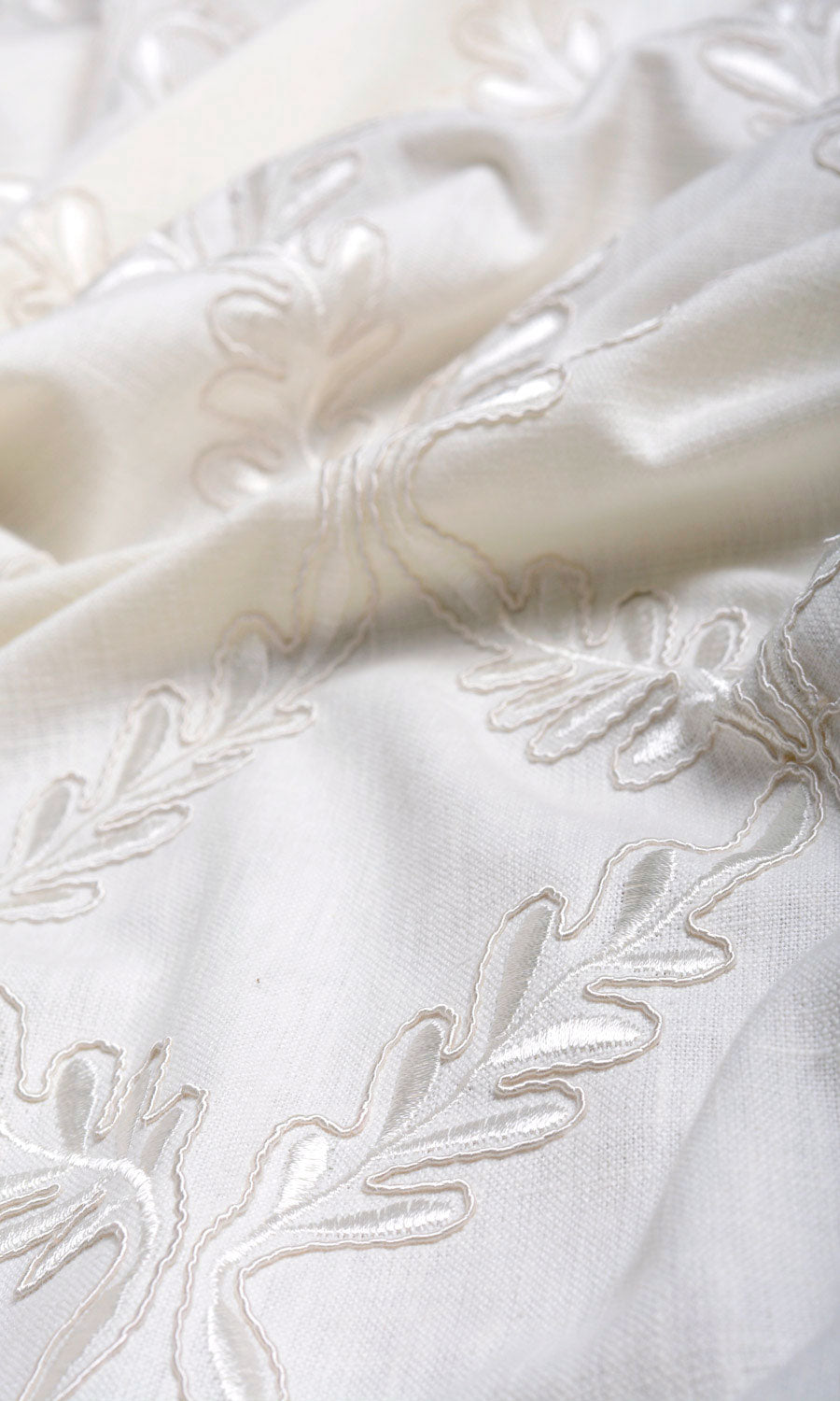 Poly-Linen Embroidered Home Textile Fabric Material Sample (White/ Cream)
