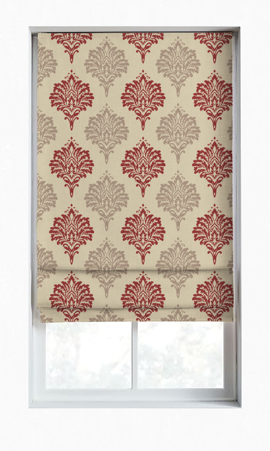 Damask Dimout Window Treatments Fabric Sample (Red/ Stone Grey)