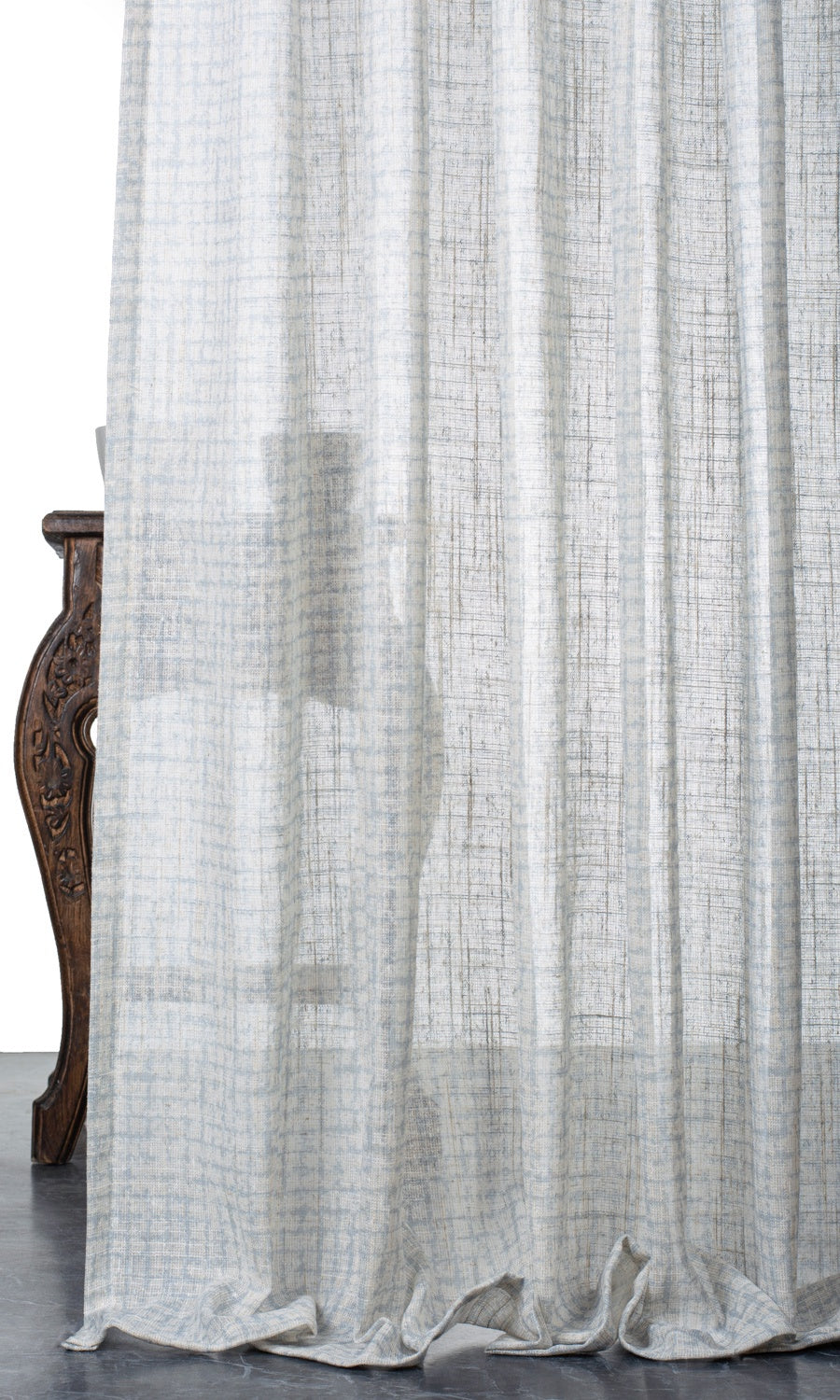 Checked Sheer Window Treatments Fabric By the Metre (White/ Turquoise Blue)