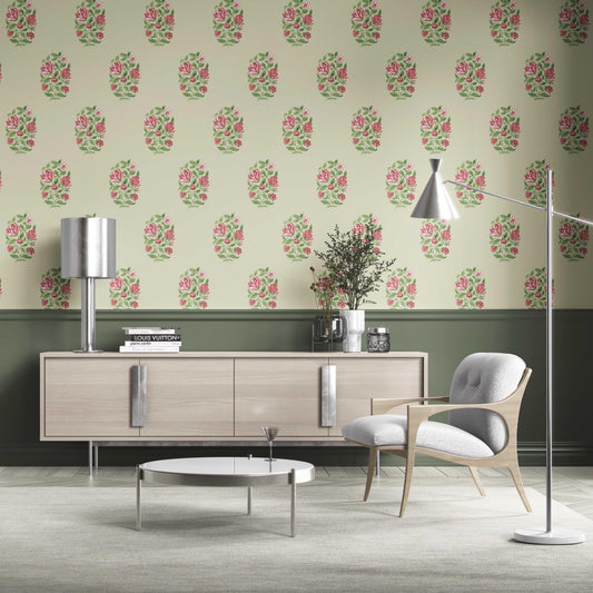 Floral Block Print Traditional Wallpaper (Sage Green/ Pink-Red)