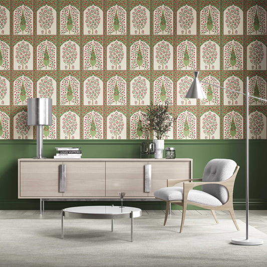 Vintage Ethnic Floral Block Print Traditional Wallpaper (Pink/ Red/ Green)