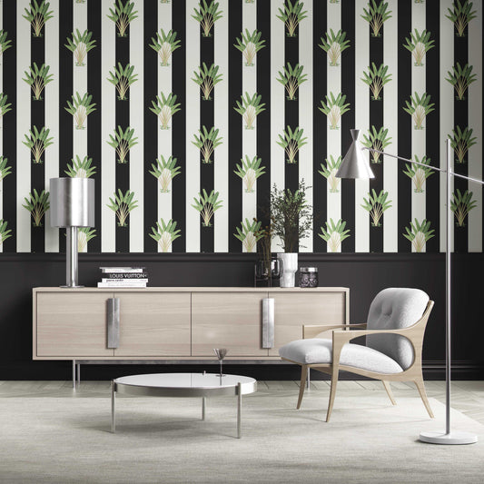 Geometric Floral Striped Traditional Wallpaper (Black/ White/ Green)
