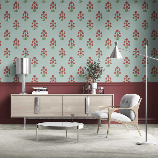 Botanical Floral Block Print Traditional Wallpaper (Blue/ Red-Pink/ Green)