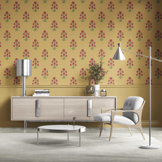 Botanical Floral Block Print Traditional Wallpaper (Yellow/ Red-Pink/ Green)