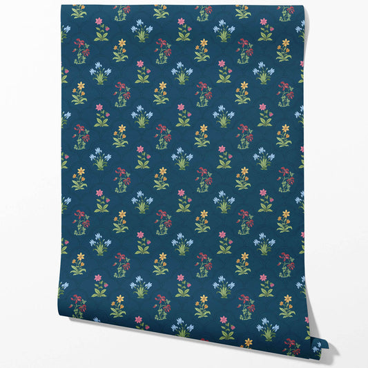 Vintage-Inspired Floral Block Print Traditional Wallpaper (Teal Blue/ Red/ Pink/ Yellow/ Green)