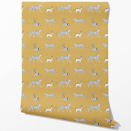 Leopard Animal Print Traditional Wallpaper (Yellow/ White/ Gray)