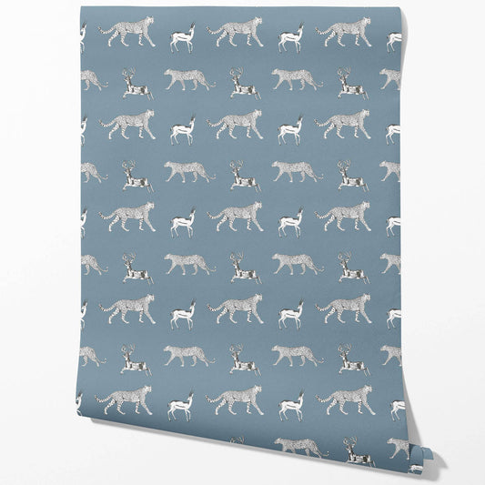 Leopard Animal Print Traditional Wallpaper (Slate Blue/ White)