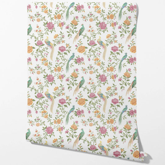 Floral Chinoiserie/ Nature Bird Print Traditional Wallpaper (Pink/ Green/ Yellow)