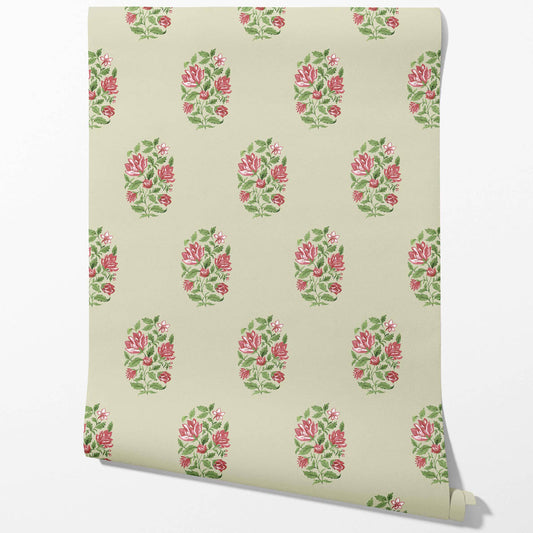 Floral Block Print Traditional Wallpaper (Sage Green/ Pink-Red)