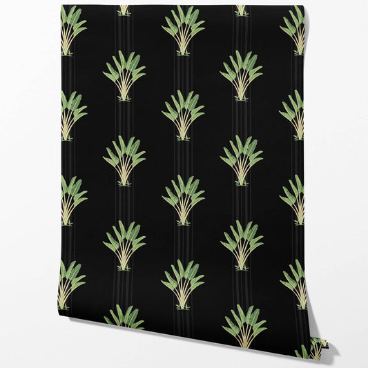 Botanical/ Floral Block Print Traditional Wallpaper (Black/ Green)