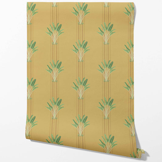 Botanical/ Floral Block Print Traditional Wallpaper (Yellow/ Green)