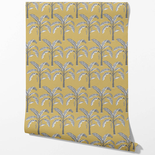 Floral/ Botanical Palm Trees Patterned Traditional Wallpaper (Yellow/ Gray)