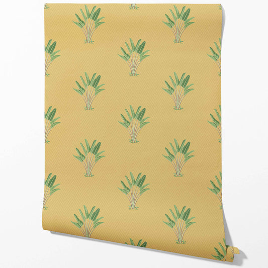 Botanical/ Floral Block Print Traditional Wallpaper (Mustard Yellow/ Green)