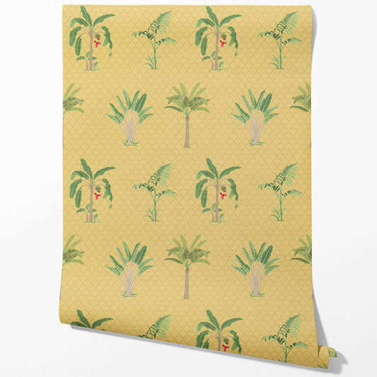 Botanical/ Floral Block Print Traditional Wallpaper (Yellow/ Green/ Red)