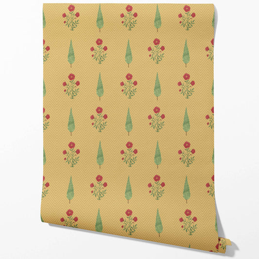 Botanical/ Floral Block Print Traditional Wallpaper (Yellow/ Red/ Green)
