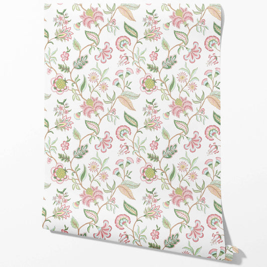 Botanical/ Floral Chinoiserie Traditional Wallpaper (Pink/ Green/ Blue)