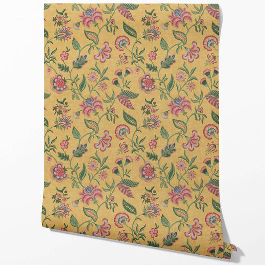 Botanical/ Floral Chinoiserie Traditional Wallpaper (Mustard Yellow/ Pink/ Green/ Blue)