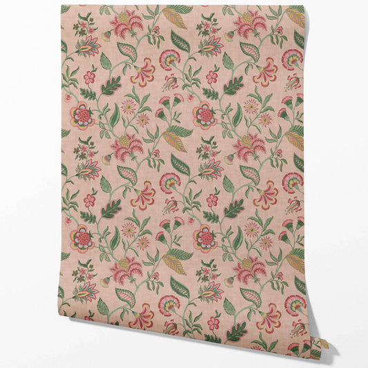 Botanical/ Floral Chinoiserie Traditional Wallpaper (Blush Pink/ Green/ Red/ Blue)