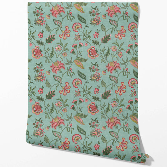 Botanical/ Floral Chinoiserie Traditional Wallpaper (Blue-Green/ Pink/ Red)