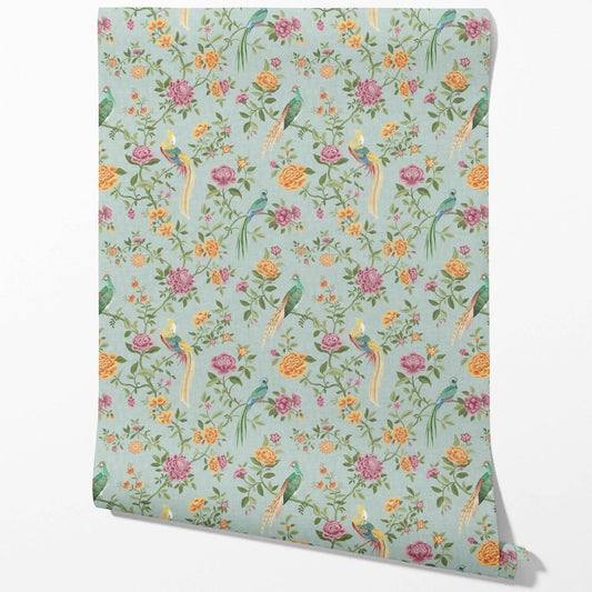 Floral Chinoiserie/ Nature Bird Print Traditional Wallpaper (Blue/ Pink/ Green/ Yellow/ Orange)