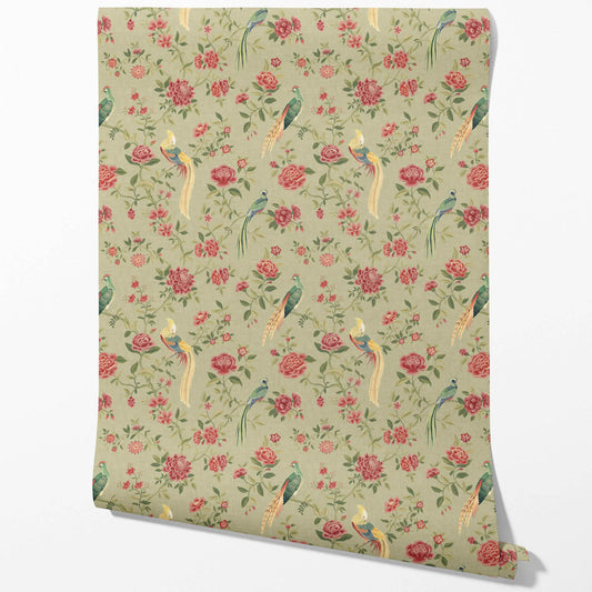 Floral Chinoiserie/ Nature Bird Print Traditional Wallpaper (Olive Green/ Red/ Yellow)