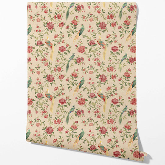 Floral Chinoiserie/ Nature Bird Print Traditional Wallpaper (Peach/ Red/ Green/ Yellow)
