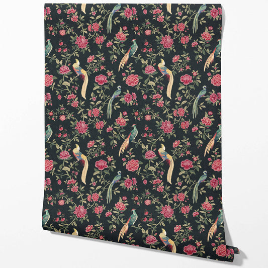 Floral Chinoiserie/ Nature Bird Print Traditional Wallpaper (Black/ Pink/ Green/ Blue/ Yellow)