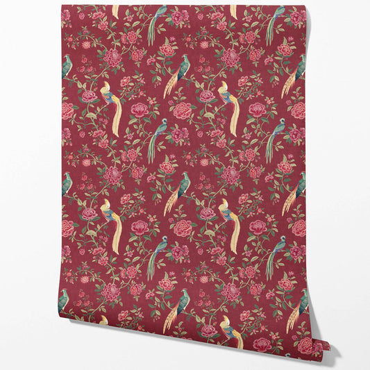 Floral Chinoiserie/ Nature Bird Print Traditional Wallpaper (Red/ Pink/ Green/ Yellow)