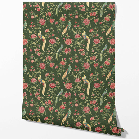 Floral Chinoiserie/ Nature Bird Print Traditional Wallpaper (Green/ Pink/ Yellow)