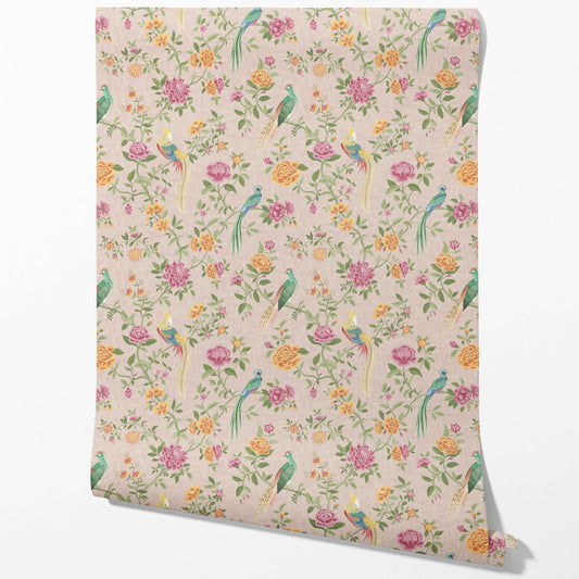 Floral Chinoiserie/ Nature Bird Print Traditional Wallpaper (Pale Pink/ Green/ Blue/ Orange/ Yellow)