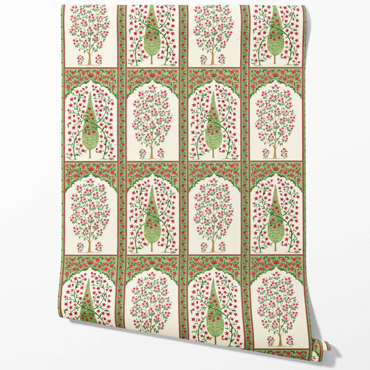 Vintage Ethnic Floral Block Print Traditional Wallpaper (Pink/ Red/ Green)