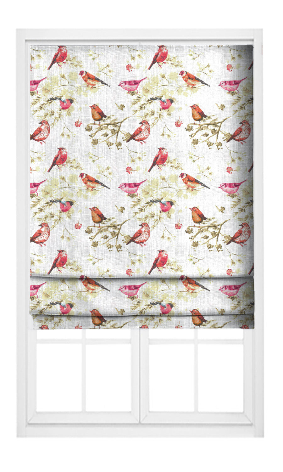 Bird-Print Cotton Flat, Plain, Fake, Faux, European Relaxed Roman Blinds (Orange/ Pink/ White)