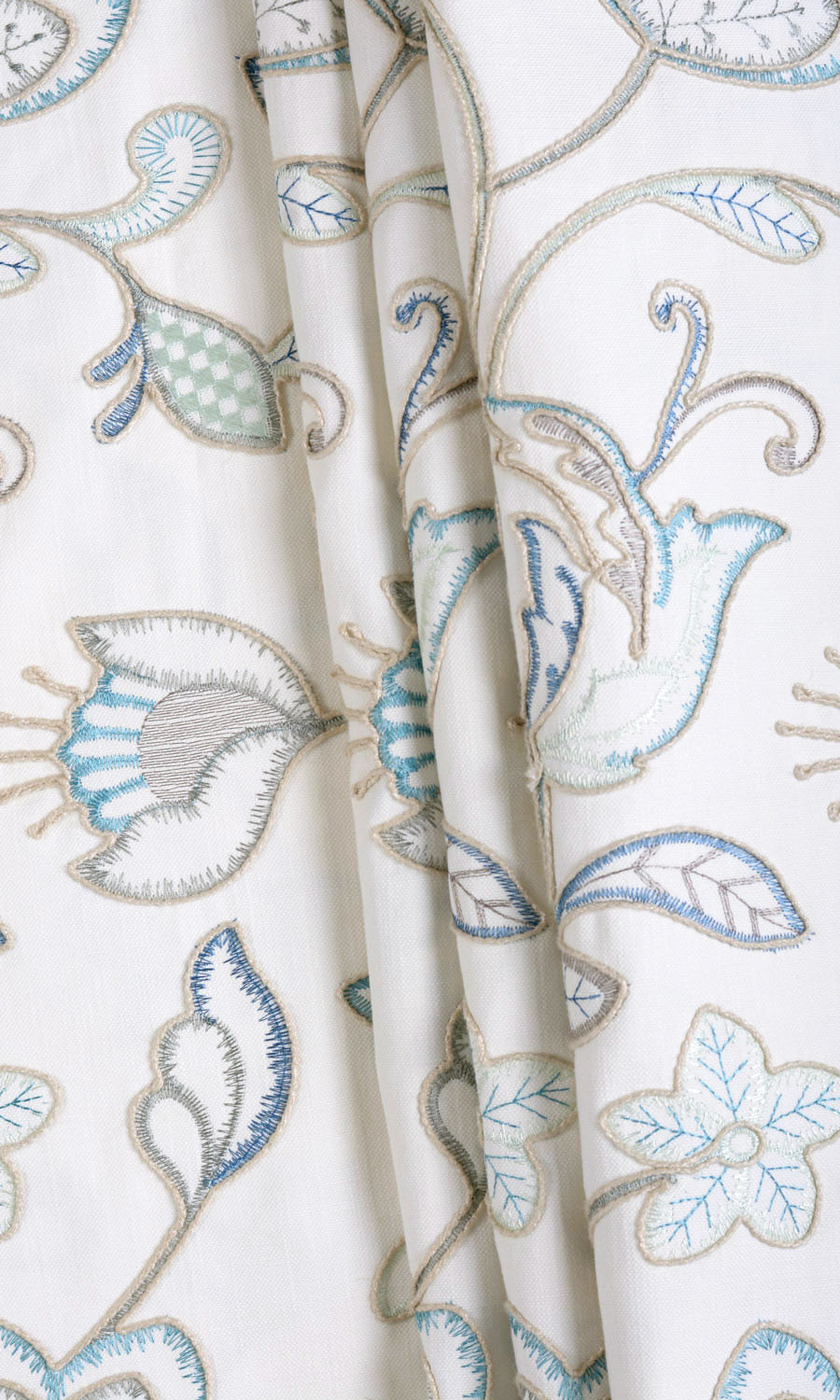 Floral Embroidery Home Textile Fabric Material By the Metre (Blue/ White)