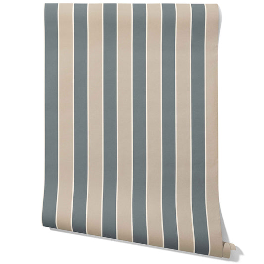 Neutral Geometric Striped Traditional Wallpaper (Stone Blue/ Beige)