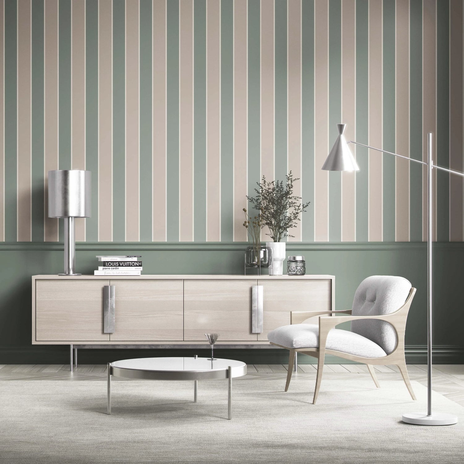 Geometric Striped Bathroom Wallpaper (Green / Beige)