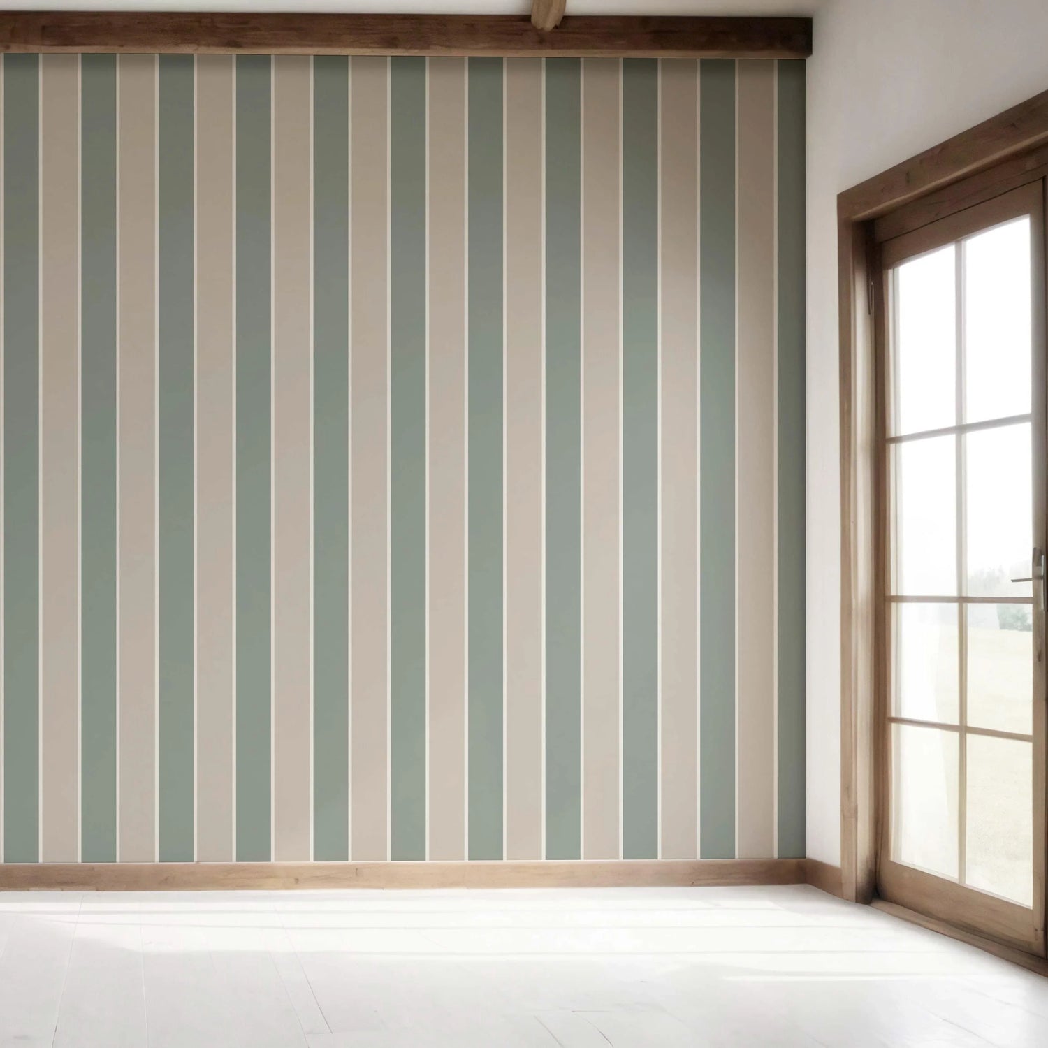 Geometric Striped Bedroom Wallpaper (Green / Beige)
