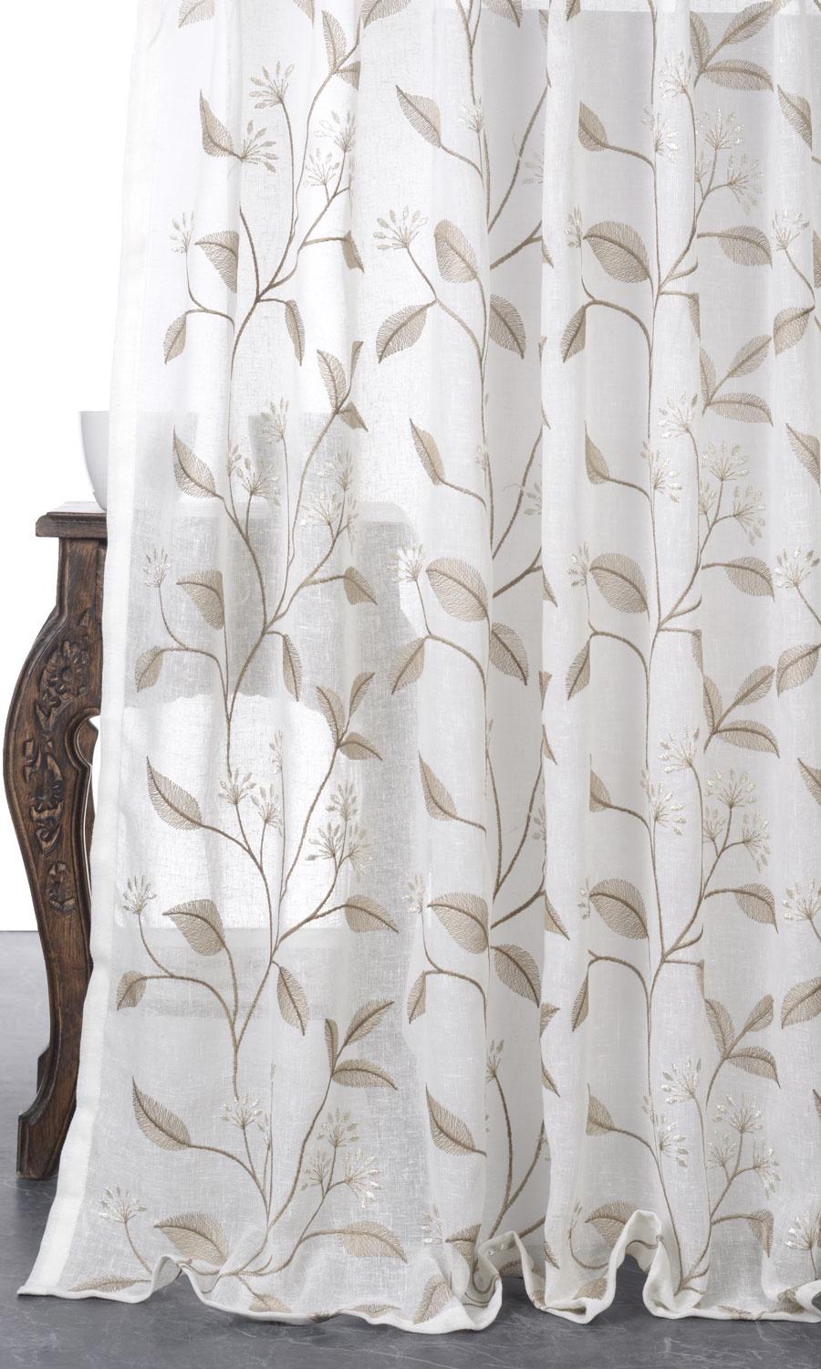 Floral Sheer Home Décor Fabric By the Metre (White/ Brown)