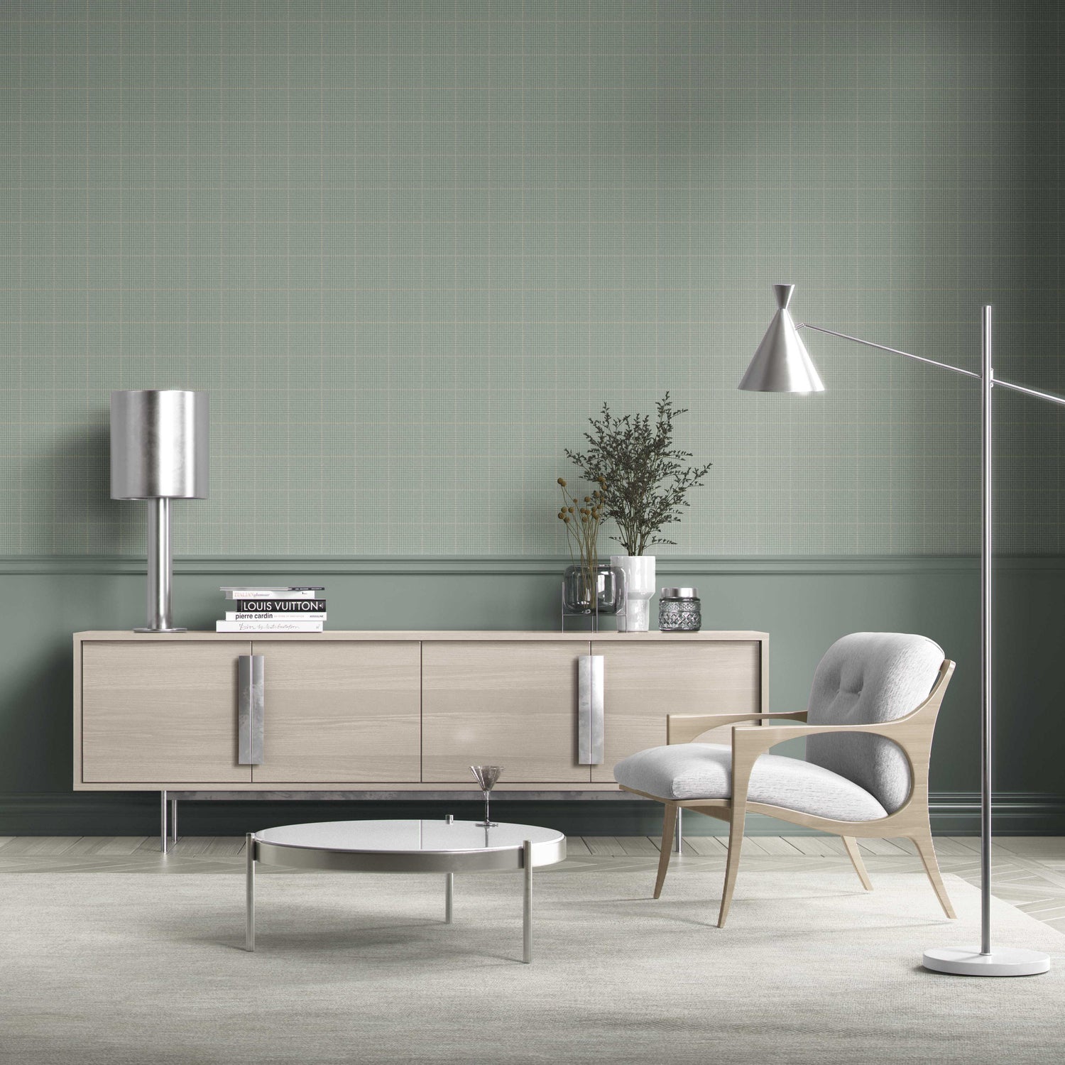 Textured Check/ Geometric Kitchen Wallpaper (Sage Green)