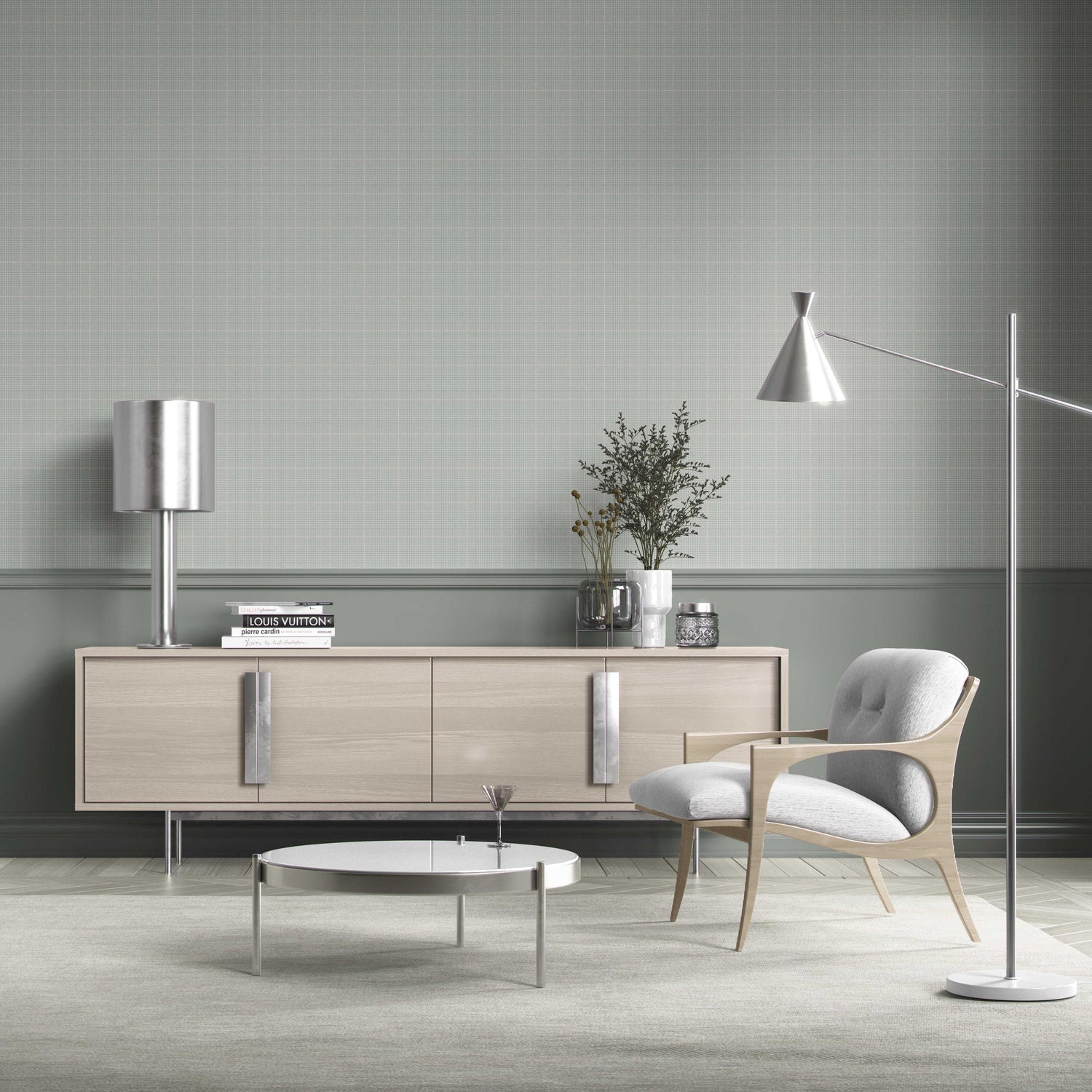 Neutral Textured Check/ Geometric Kitchen Wallpaper (Sage Grey)
