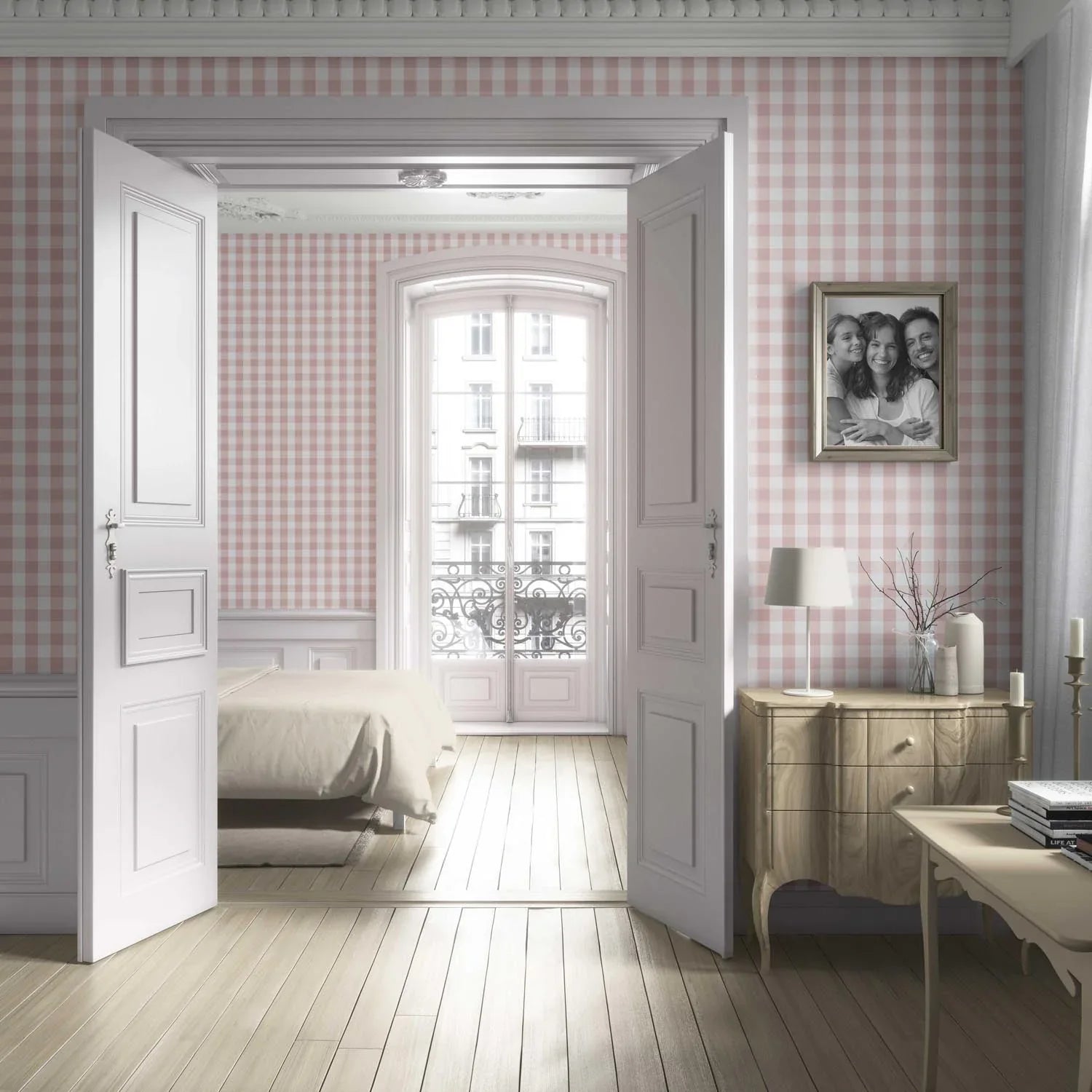 Geometric Gingham Kitchen Wallpaper (Pink)