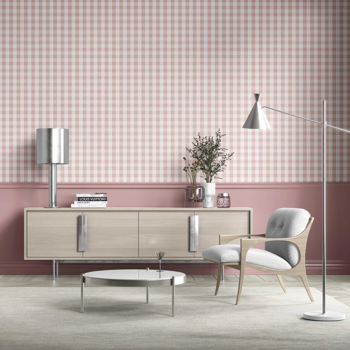Geometric Gingham Living Room Wallpaper (Pink)
