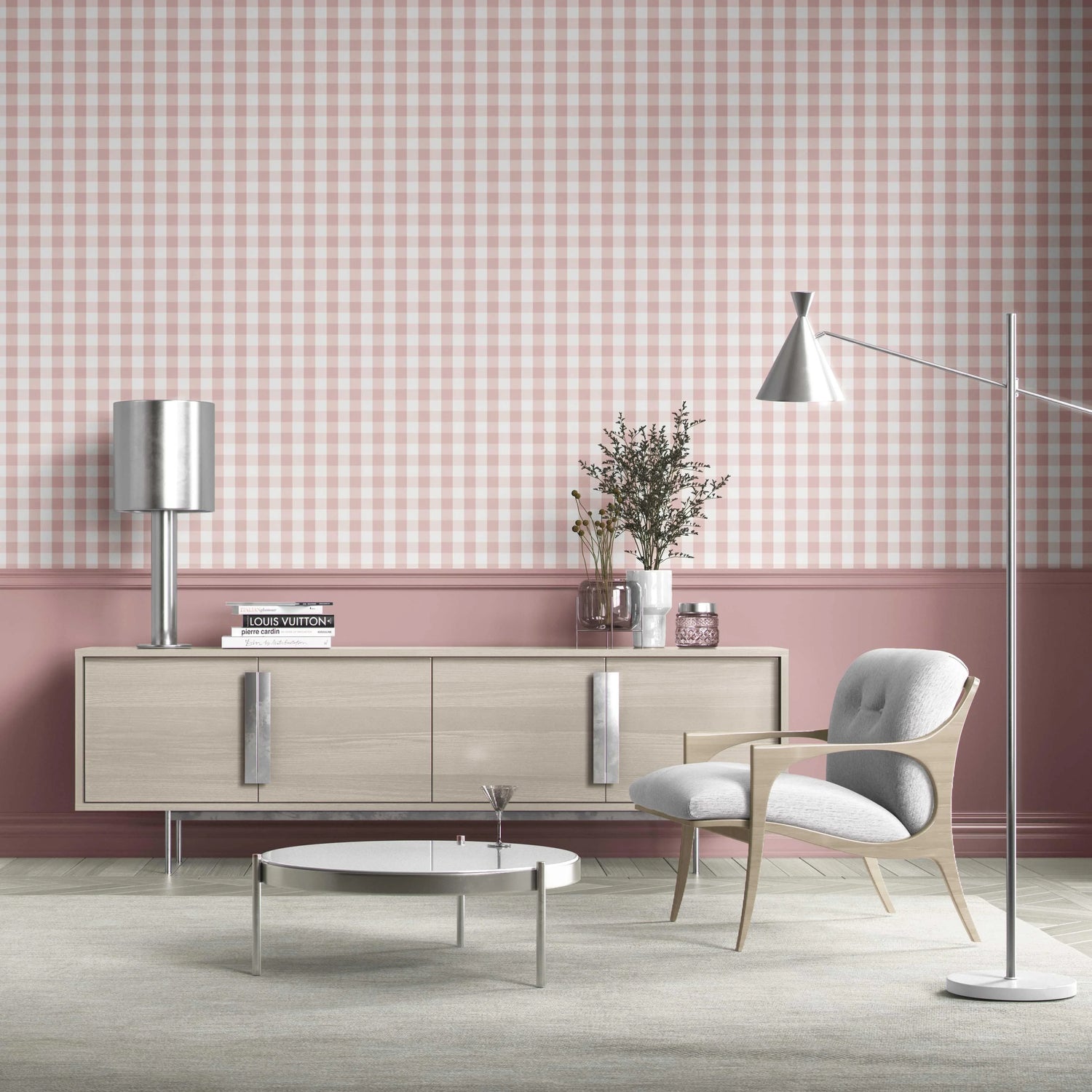 Geometric Gingham Living Room Wallpaper (Pink)